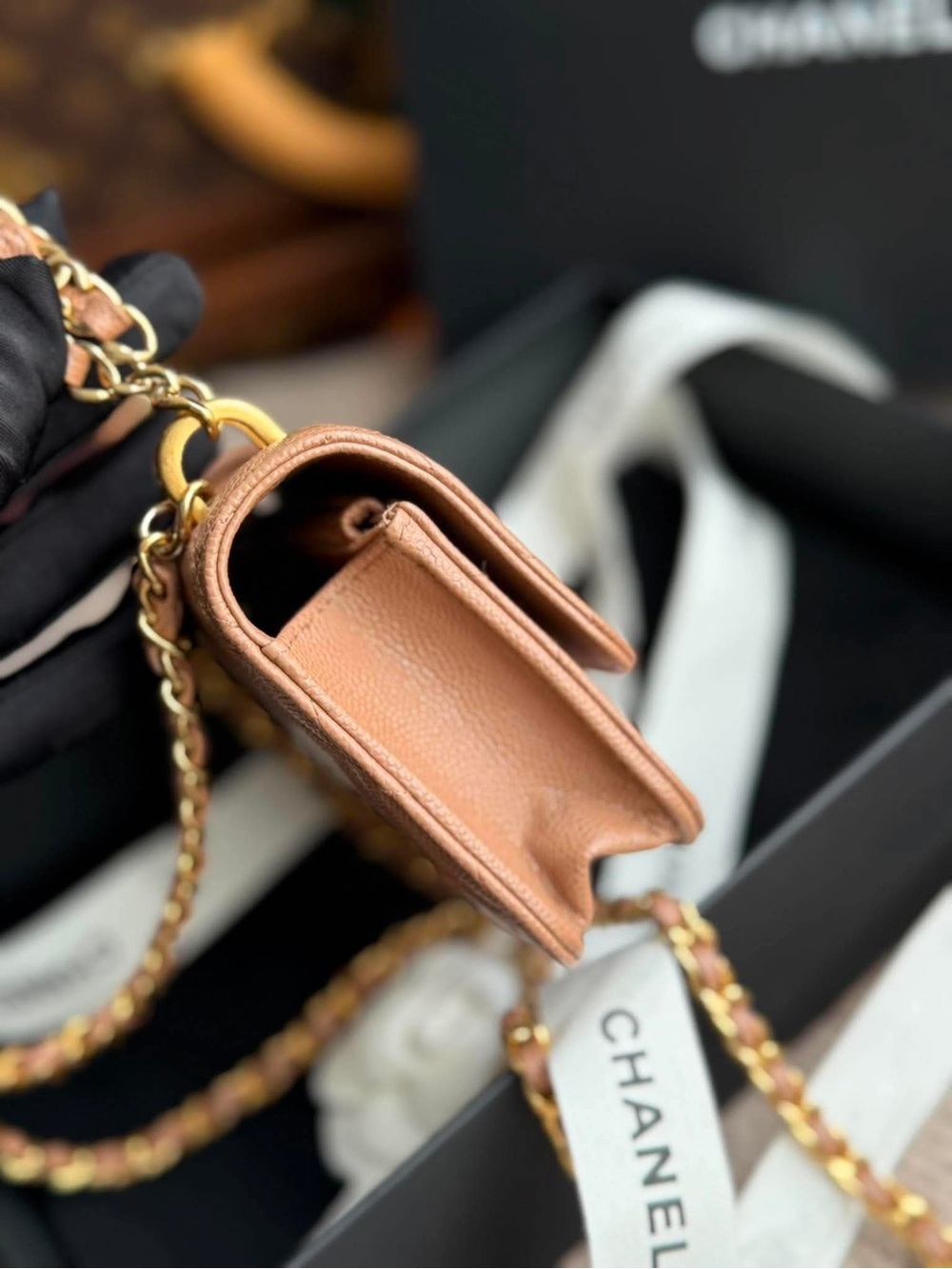 Chanel Coco First Phone Holder Dark Beige Caviar Gold Hardware 22K - Picture 10 of 12